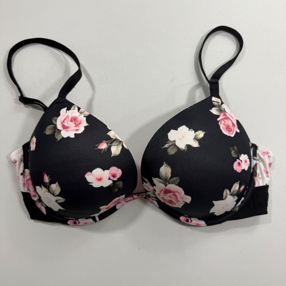 Victorias Secret PINK Bra Size 32DD Black Floral Wear Everywhere Super Push Up